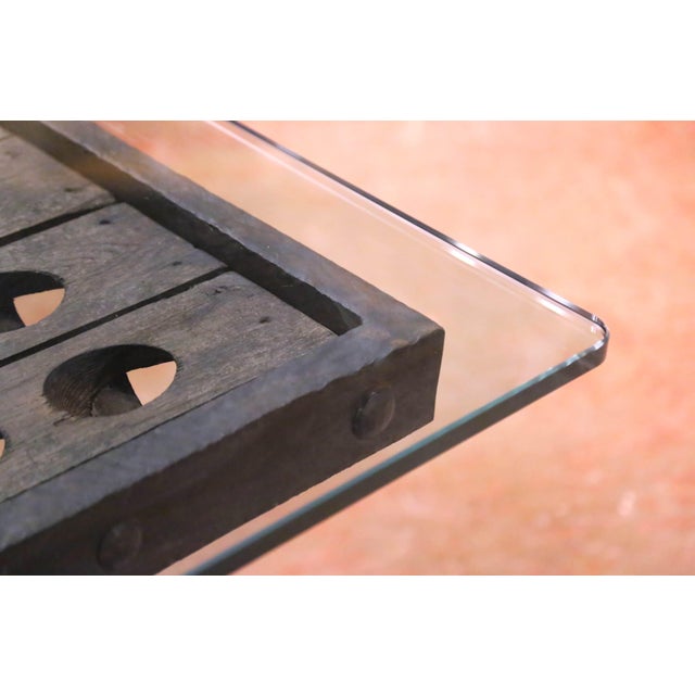 Wood Mid-Century French Iron and Oak Riddling Board Table With Glass Top For Sale - Image 7 of 15