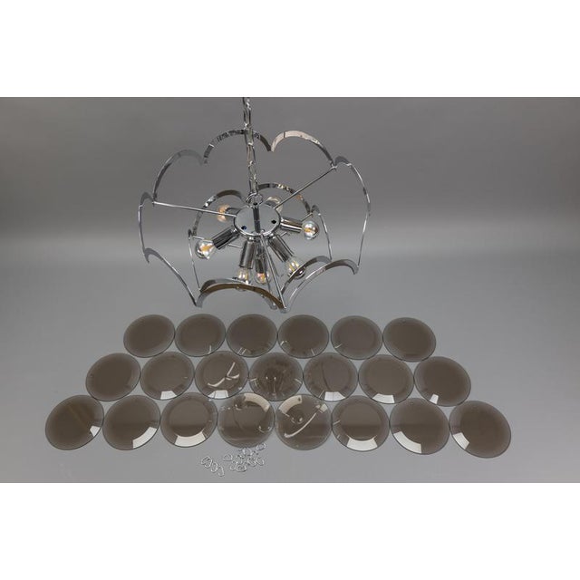 Smoked Glass and Chromed Metal Seven-Light Pendant Chandelier, 1970s For Sale - Image 17 of 18