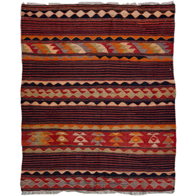 Red Vintage Kilim Handmade Flatweave Tribal Motif Wool Runner For Sale - Image 10 of 10