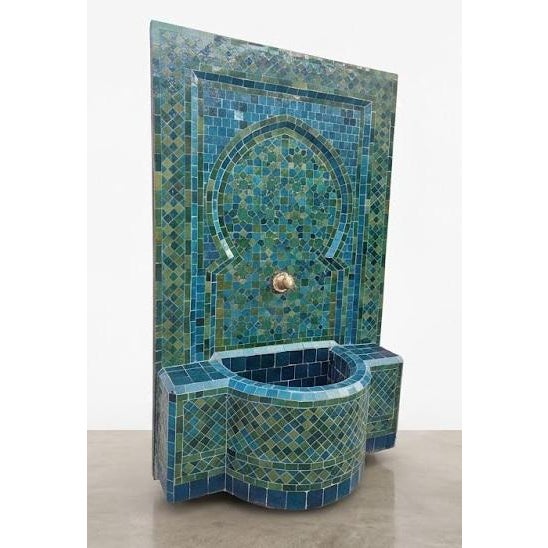 Moroccan Large 2 Color Tamegroute Green and Petrol Blue Moroccan Mosaic Tile Fountain For Sale - Image 3 of 9