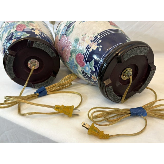 Vintage Ceramic Vase Lamps With Elegant Floral Design on Wood Plinths- A Pair For Sale - Image 12 of 12