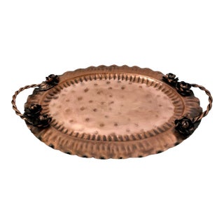 Vintage Gregorian Solid Copper Serving Tray Hammered Oval Applied Flowers Twist Handles For Sale