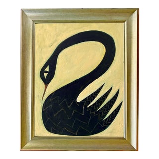 Original Black Swan Painting in Brushed Gold Frame, Oil on Canvas, 21" H X 17" W by Tatiana Duperault For Sale