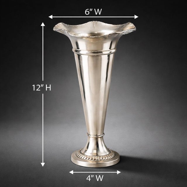 Title Pair of Vintage Silverplate Fluted Trumpet Vases – Scalloped Rim Wedding Centerpiece Floral Vases (12") Mobile-Ready...