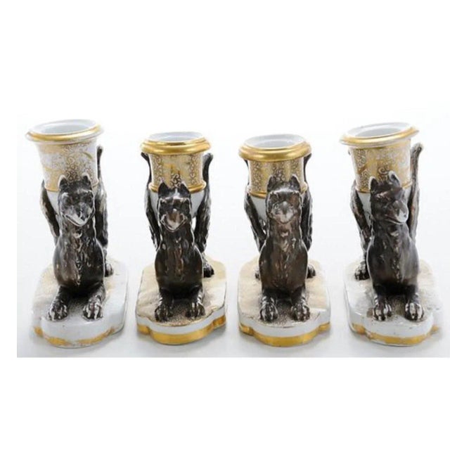 Set of Four, Early English 19th Century Winged Griffen, Porcelain Gilt and Painted Candlesticks, Unmarked. Recently...