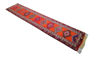 Shimmery Turkish Runner Rug. Hand-Knotted Tribal Extra Long Halway Rug Kitchen Decor - 2′9 × 13′8″