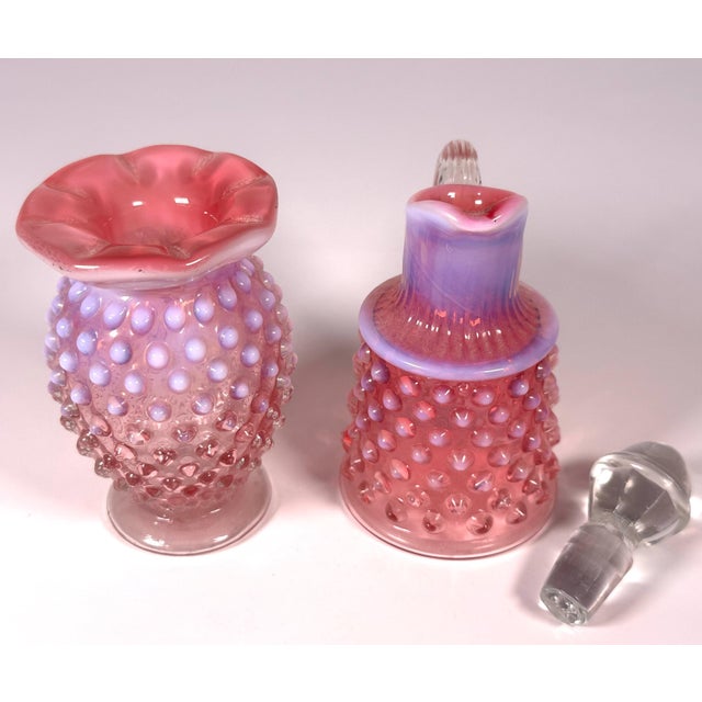 Fenton Art Glass Company Mid 20th Century Fenton Cranberry Opalescent Hobnail Cruet & Bud Vase Set For Sale - Image 4 of 9