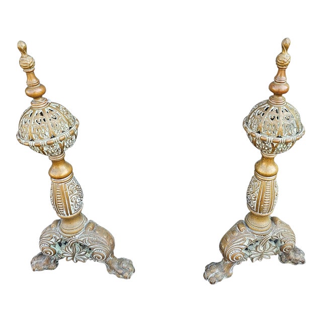 19th Century Dutch Rococo Style Brass Andirons For Sale