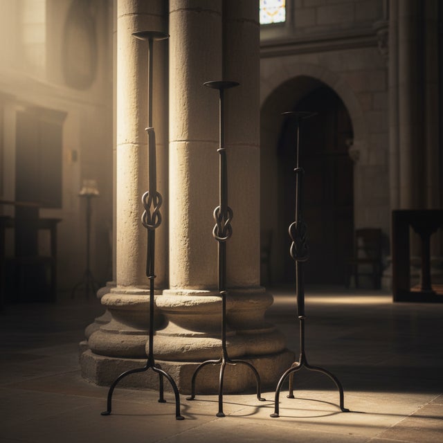 Hand Forged Iron Candelabra Set of 3 (88-108cm) Antique Copper Double Stem with Hercules Knot and Arched Base For Sale - Image 9 of 12