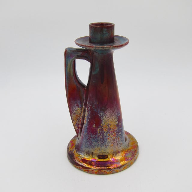 Early 20th Century Antique Red Metallic Lustre Art Pottery Candle Holder With Gold and Blue Accents For Sale - Image 5 of 12
