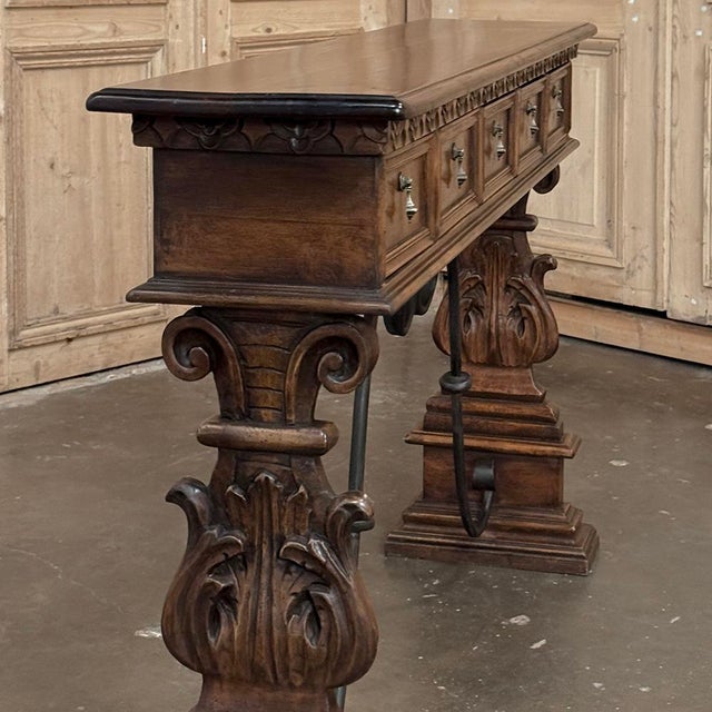 Mid Century Spanish Walnut Sofa Table ~ Console With Hand Forged Iron Stretcher For Sale - Image 16 of 18