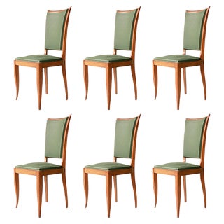 Art Deco French Interwar Green Leatherette & Wood Chairs, 1940, Set of 6 For Sale