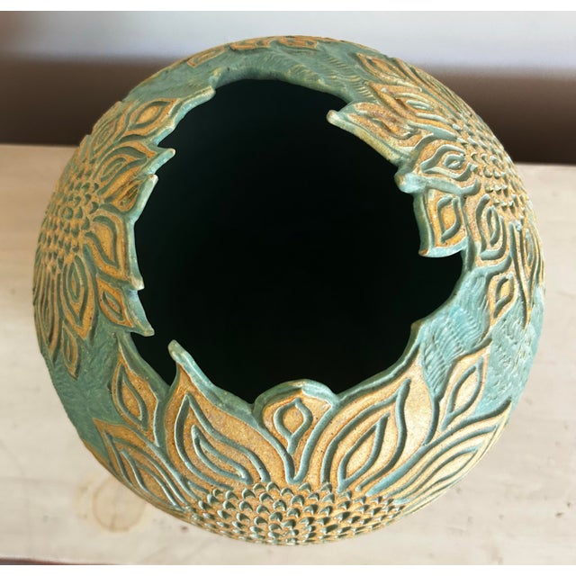 1970s Vintage Large Blue Studio Pottery Vase With Sunflower Relief Pattern For Sale - Image 5 of 10