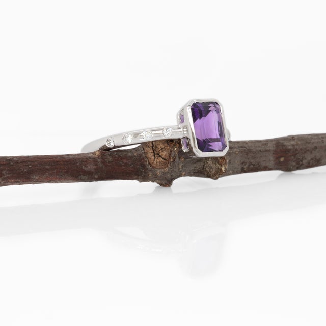 Stella Solid 14k Gold Amethyst Ring With Natural Diamonds Accents, Emerald Cut, Size 6.75 For Sale - Image 4 of 8