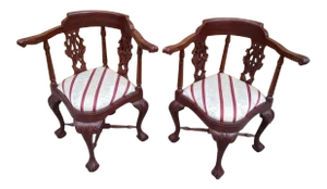 Antique English Carved Pierced Back Ball Claw Corner Chairs - Pair