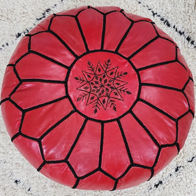 Handcrafted Moroccan Leather Pouf Cover – Red Genuine Goat Leather, Hand-Stitched in Marrakech For Sale - Image 6 of 7