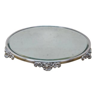 Antique Victorian Art Nouveau Round Plateau Mirror Dresser Bar Vanity Tray 15" For Sale
