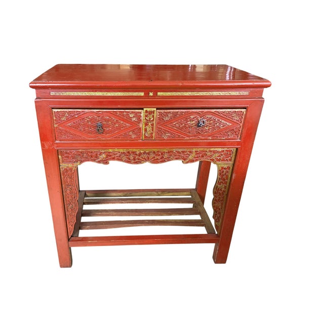 Vintage Chinoiserie Red Lacquer Console Table 33.5" W For Sale - Image 4 of 12