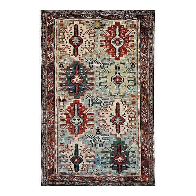 Caucasian Shirvan Area Rug, Handwoven Wool, Allover Geometric Design, 1920s, 4' x 6' For Sale