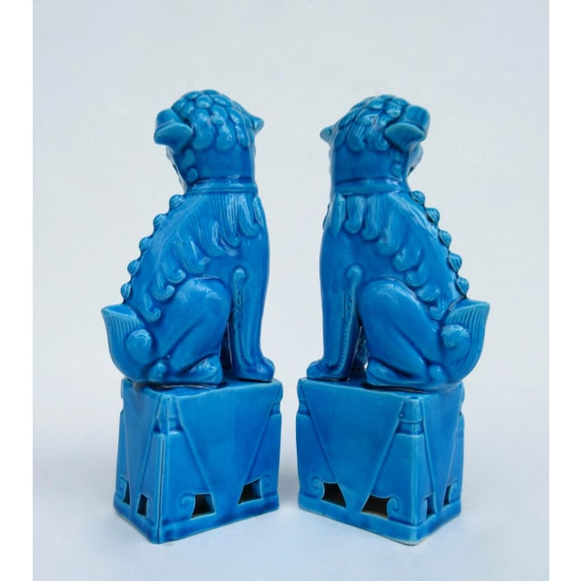 Vintage C1970's-1980's Ceramic Glazed Peacock Cerulean Blue Foo Dogs -A Pair For Sale - Image 12 of 13