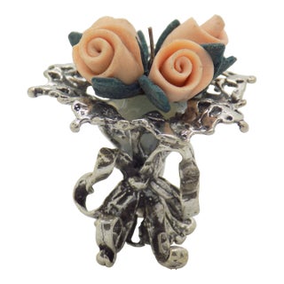 Vintage Italian Handmade Genuine Silver & Salt Dough Flower Bouquet Dollhouse Miniature For Sale