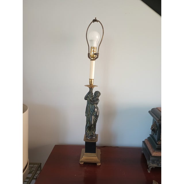Art Nouveau 1940 Art Nouveau Bronze and Brass Figural Statue Table Lamp With Shade For Sale - Image 3 of 12