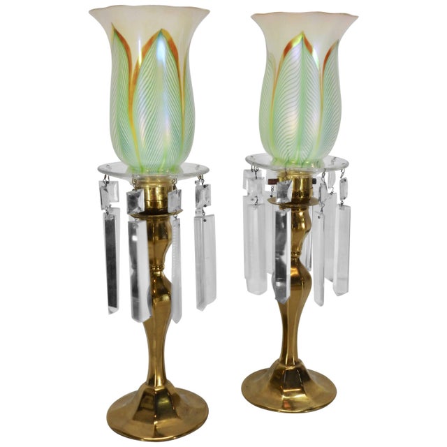 Steuben Pulled Feather Shades on Antique Brass Lamp With Prisms - a Pair For Sale - Image 9 of 9