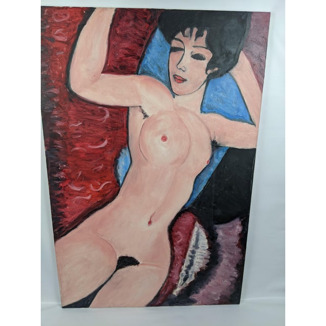Large Modernist Reclining Female Nude Original Oil Painting on Canvas, Mid-20th Century For Sale - Image 12 of 13