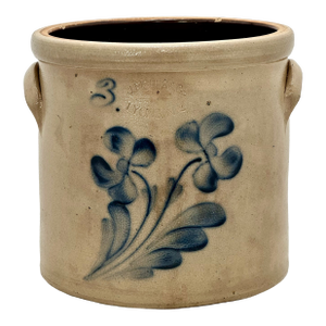 Excellent Antique 1870s American Blue Double Flower Decorated 3 Gallon Stoneware Crock by J Fisher in Lyons New York