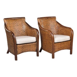 Vintage French Rattan Arm Chairs With New Cushions - Pair For Sale