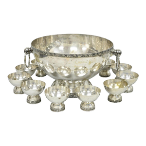 Vintage Victorian Silver Plated Footed Twin Handle Punch Bowl Set W/ 12 Cups
