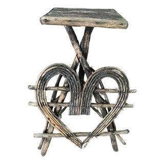 Early 20th Century Rustic Adirondack Twig Branch Stand Cabin Side Table Heart Bent Wood Motif For Sale