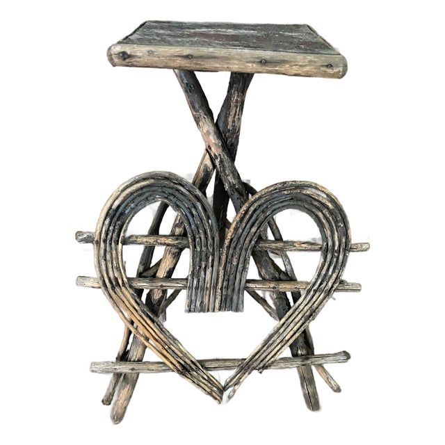 Early 20th Century Rustic Adirondack Twig Branch Stand Cabin Side Table Heart Bent Wood Motif For Sale