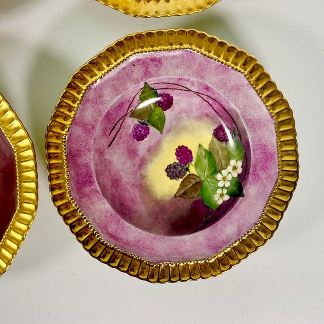 Violet 1961 Vintage Boho Chic Hollywood Regency Majolica Czechoslovakia Porcelain Gilded Bowls - Set of 6. For Sale - Image 8 of 14