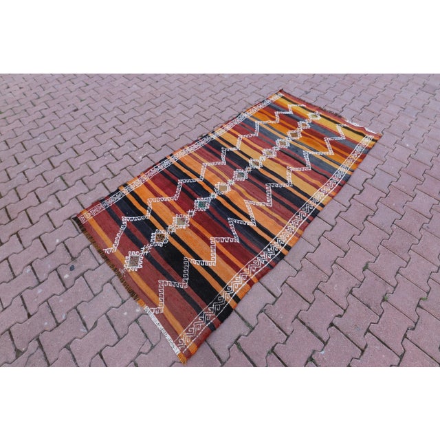 Tribal 1960s Tribal Orange Striped Wool Handmade Kilim Rug For Sale - Image 3 of 13