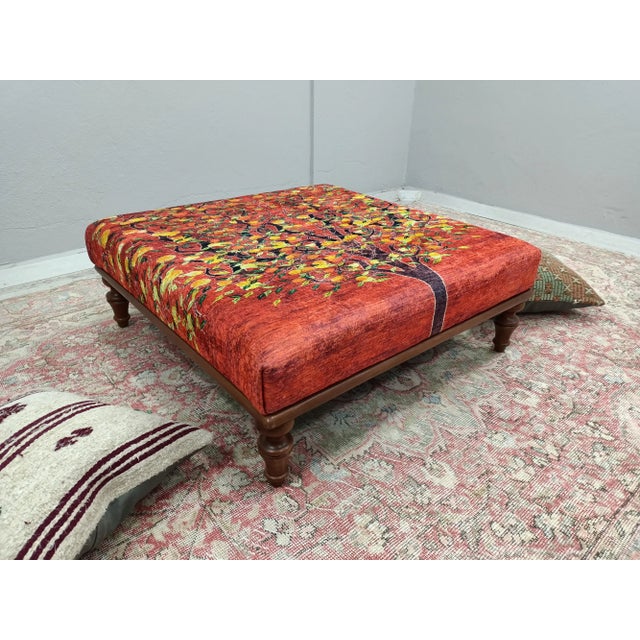 Tree Pattern Rug Upholstered Walnut Coffee Table For Sale - Image 4 of 9