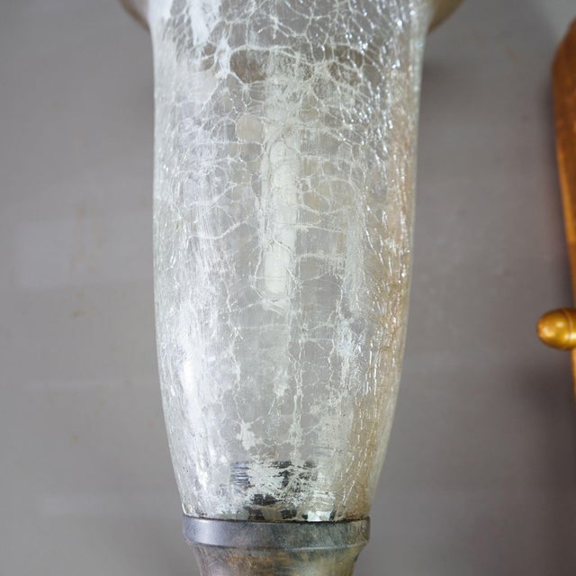 Mid-Century Modern Pair Mid-Century Modern French Style Fleur-de-lis Crackled Glass Wall Sconces For Sale - Image 3 of 12