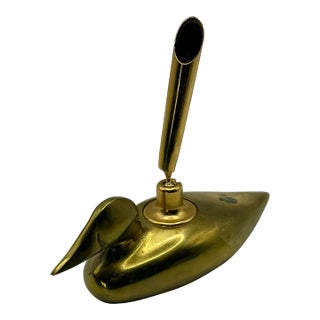 Vintage Solid Brass Duck Pen Holder & Paperweight Desk Accessory For Sale