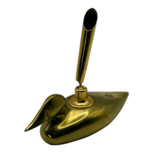 Vintage Solid Brass Duck Pen Holder & Paperweight Desk Accessory
