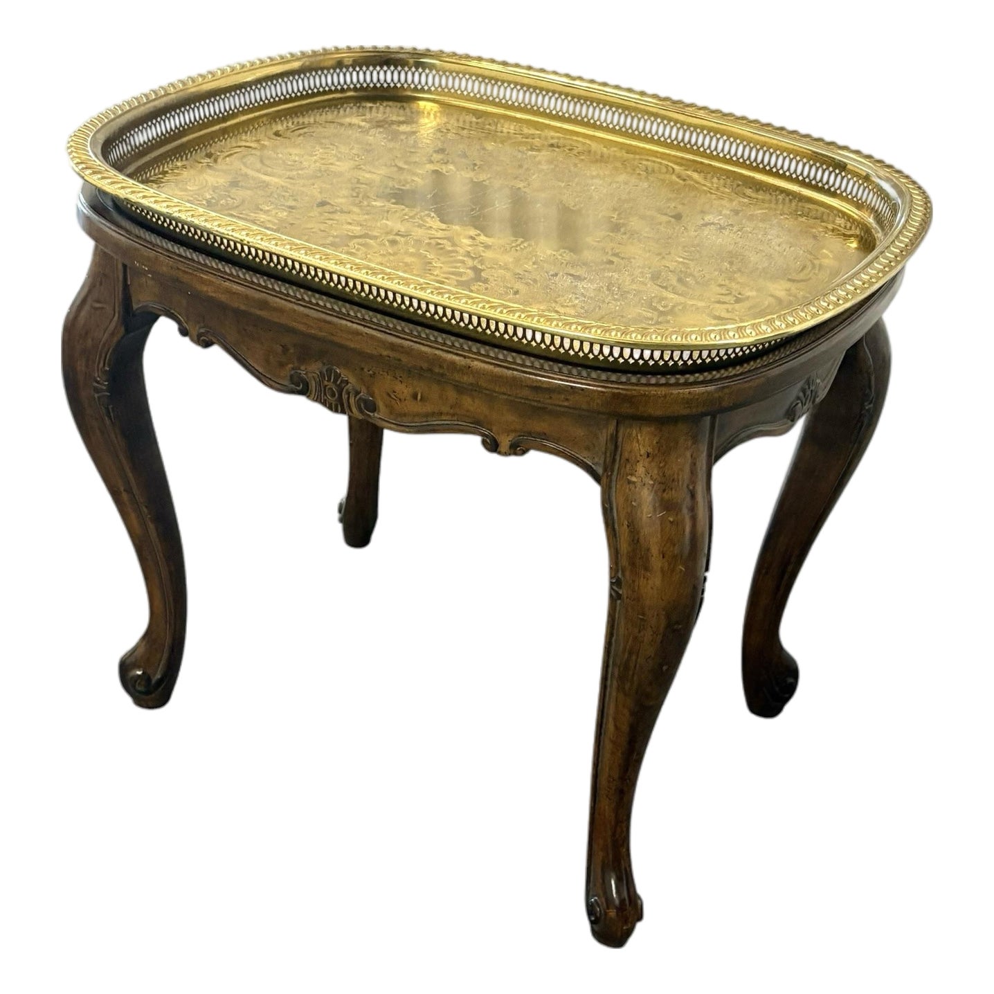 Vintage Wood Queen Anne Style Table With Removable Brass Tray | Chairish