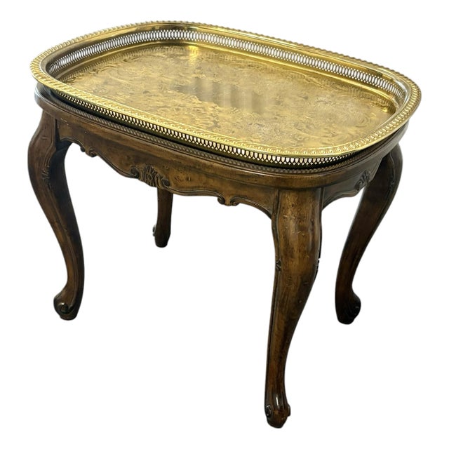 Vintage Wood Queen Anne Style Table With Removable Brass Tray For Sale