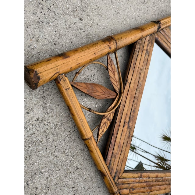 Vintage Bamboo & Rattan Leaf Motif Wall Mirror For Sale - Image 10 of 11