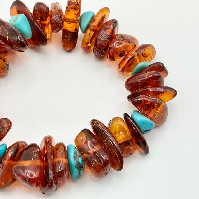 Gemstone 1980s Vintage Boho Chic Baltic Amber & Faux Turquoise Nugget Beaded Bracelet - 7” For Sale - Image 7 of 7