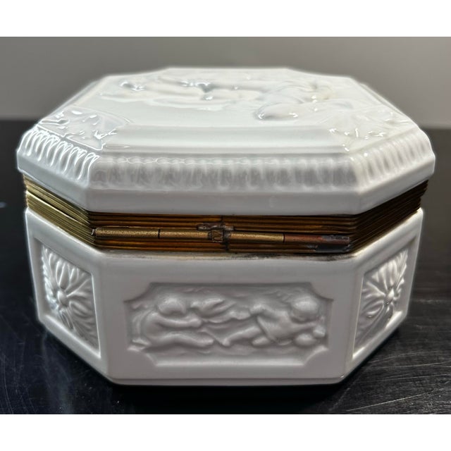 Ceramic Antique French Blanc De Chine Ironstone With Bronze Dresser Box With Cherubs For Sale - Image 7 of 10