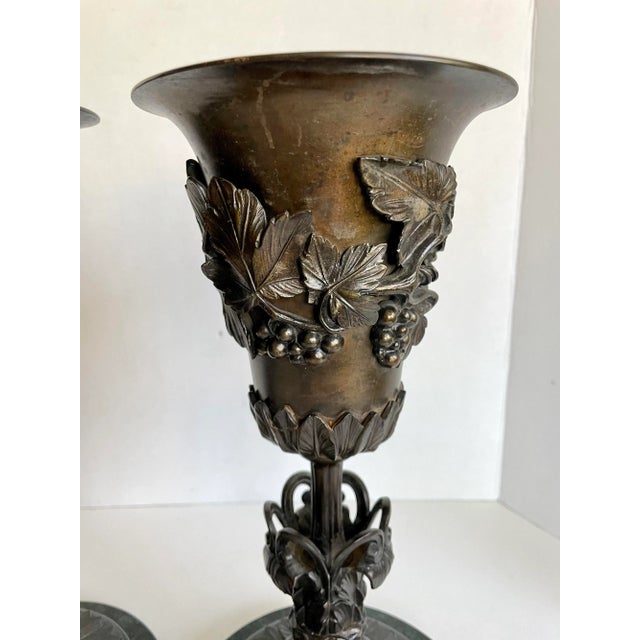 Pair of Antique Bronze and Green Marble Mantle Vases For Sale - Image 4 of 10
