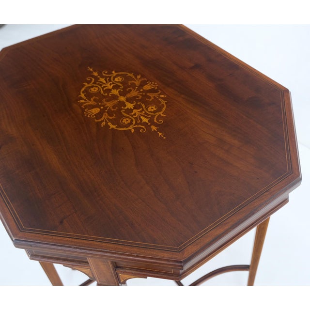 Wood Very Ornate Delicate Lines Walnut Inlay Stretched Hexagon Lamp Side Table Mint For Sale - Image 7 of 16