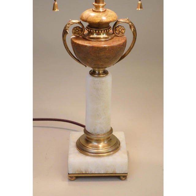 Metal 1930s Art Deco White Onyx Pink Marble Column Bronze Table Lamp For Sale - Image 7 of 11