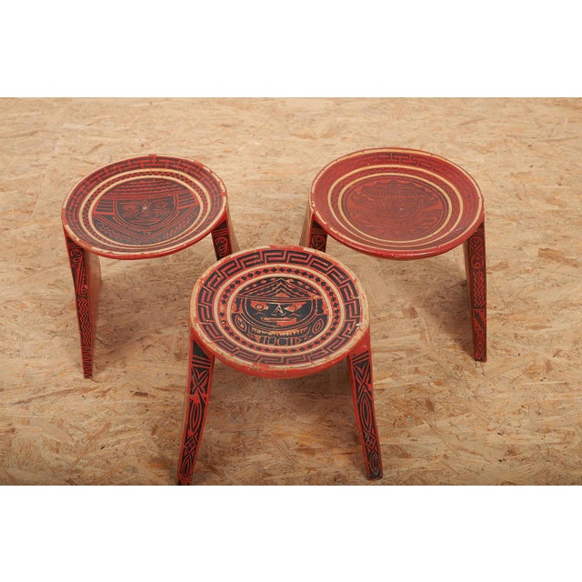 Red Wooden Stools with Table with South American Motifs, Set of 3 For Sale - Image 8 of 12