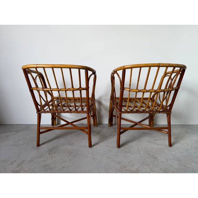1970's Vintage Coastal Bamboo Rattan Barrel Lounge Chairs - A Pair For Sale - Image 13 of 17