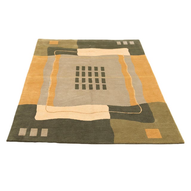6'x9' Hand-Knotted Modern Arts & Crafts Wool & Silk Geometric Rug in Green, Yellow & Ivory For Sale - Image 4 of 10